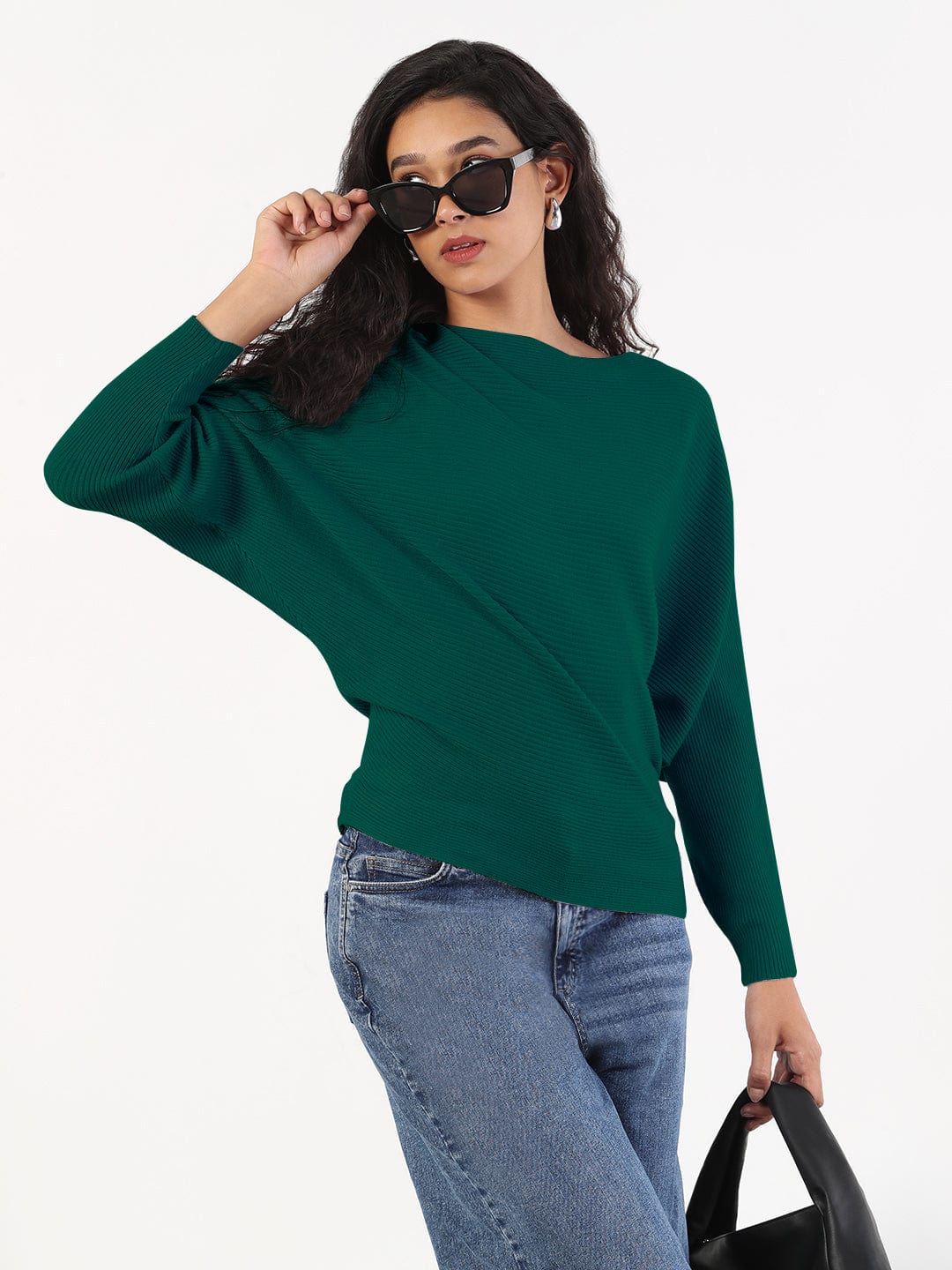 Women's Green Boat Neck Top
