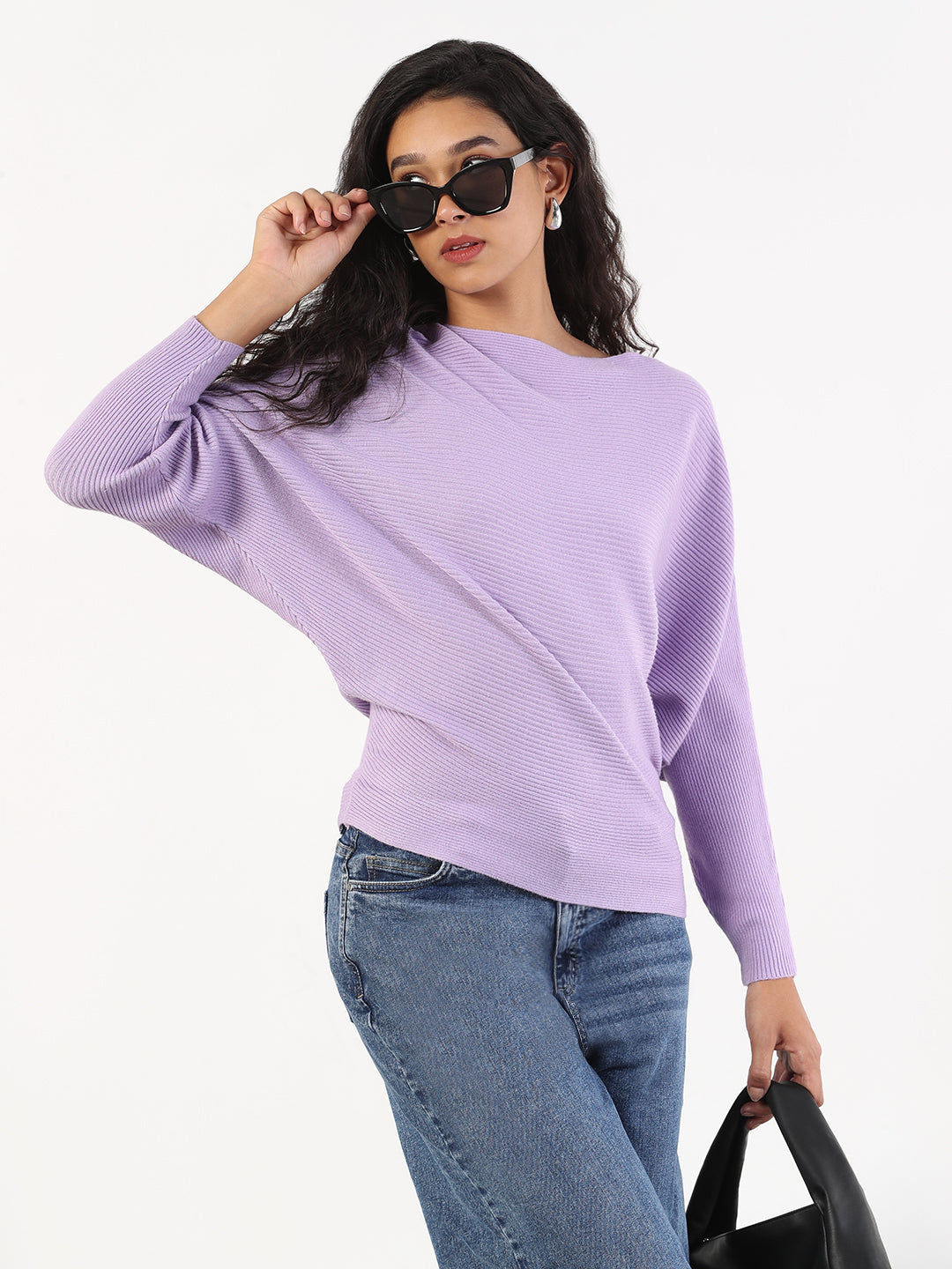 Women Casual Solid Boat Neck Knitted Purple Top