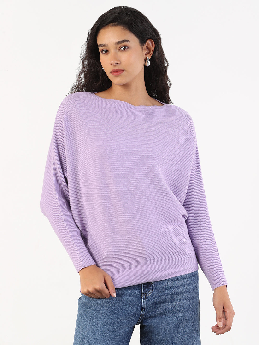 Women Casual Solid Boat Neck Knitted Purple Top