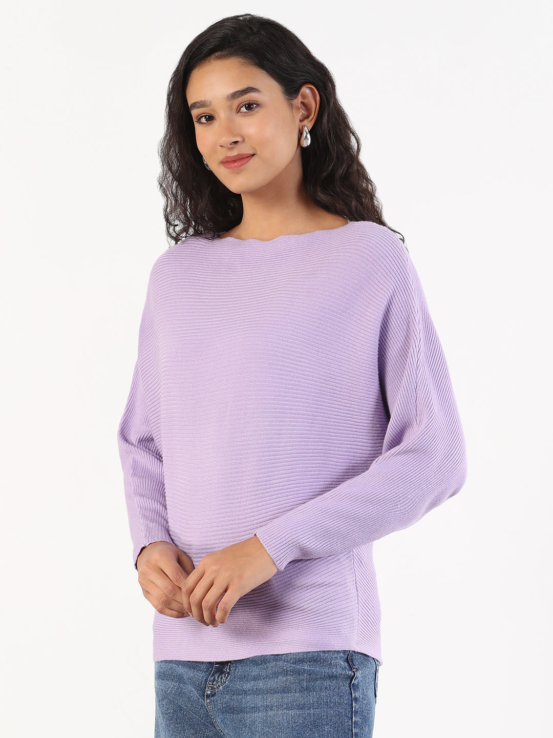 Women Casual Solid Boat Neck Knitted Purple Top