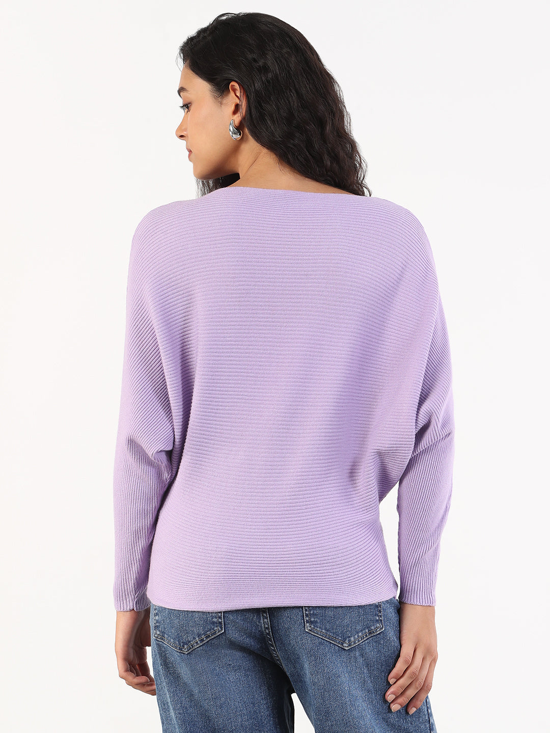 Women Casual Solid Boat Neck Knitted Purple Top