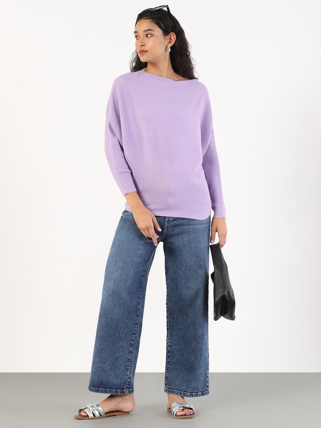 Women Casual Solid Boat Neck Knitted Purple Top