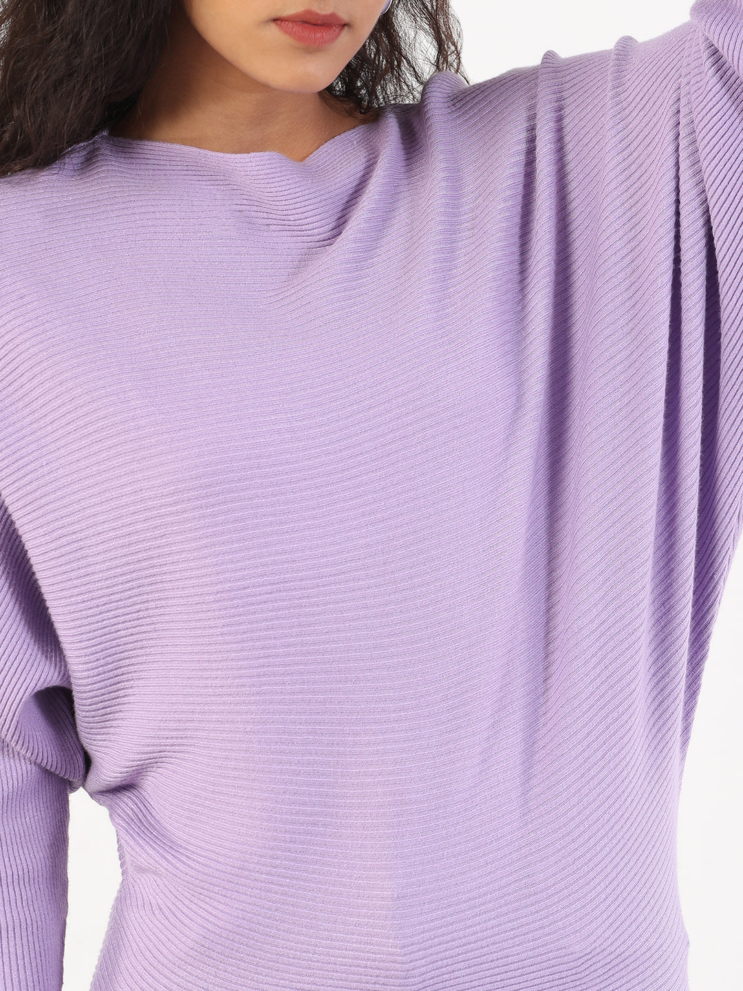 Women Casual Solid Boat Neck Knitted Purple Top