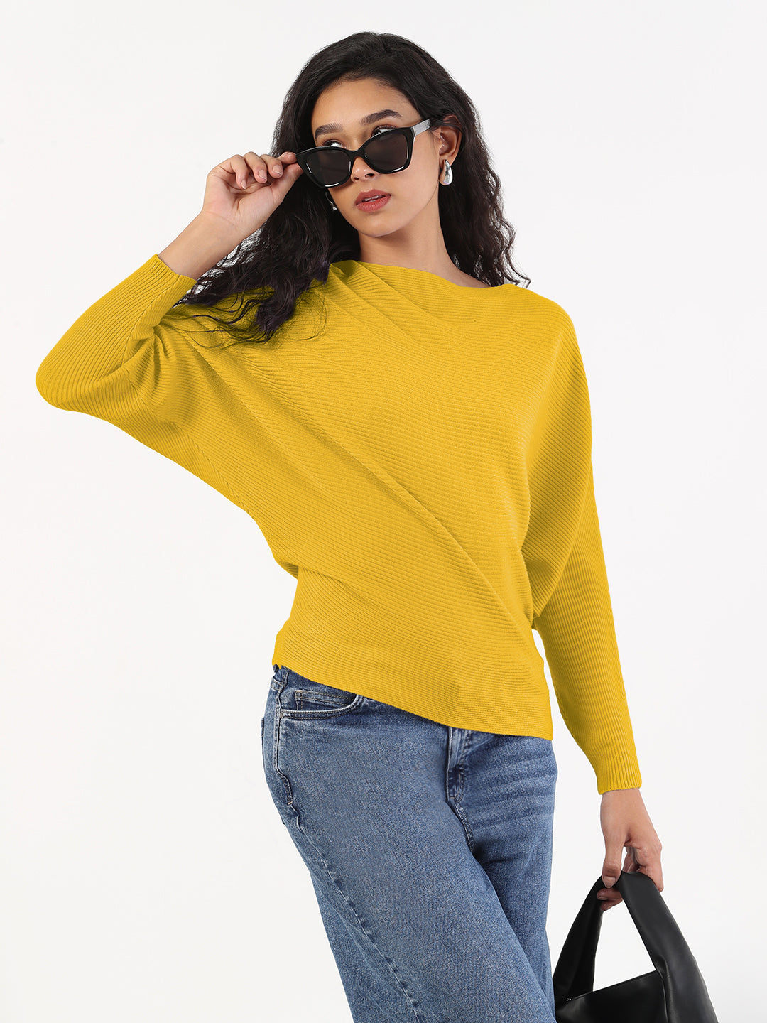 Women's Ribbed Yellow Batwing-Sleeve Pullover Top
