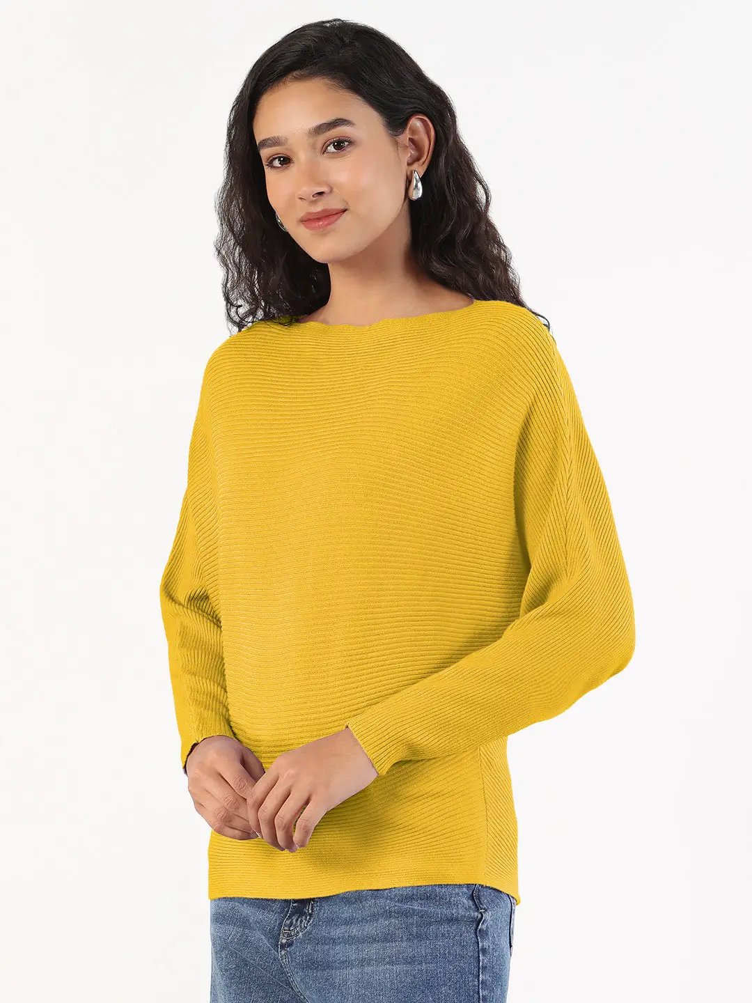 Women's Ribbed Yellow Batwing-Sleeve Pullover Top - from SHOWOFFFF