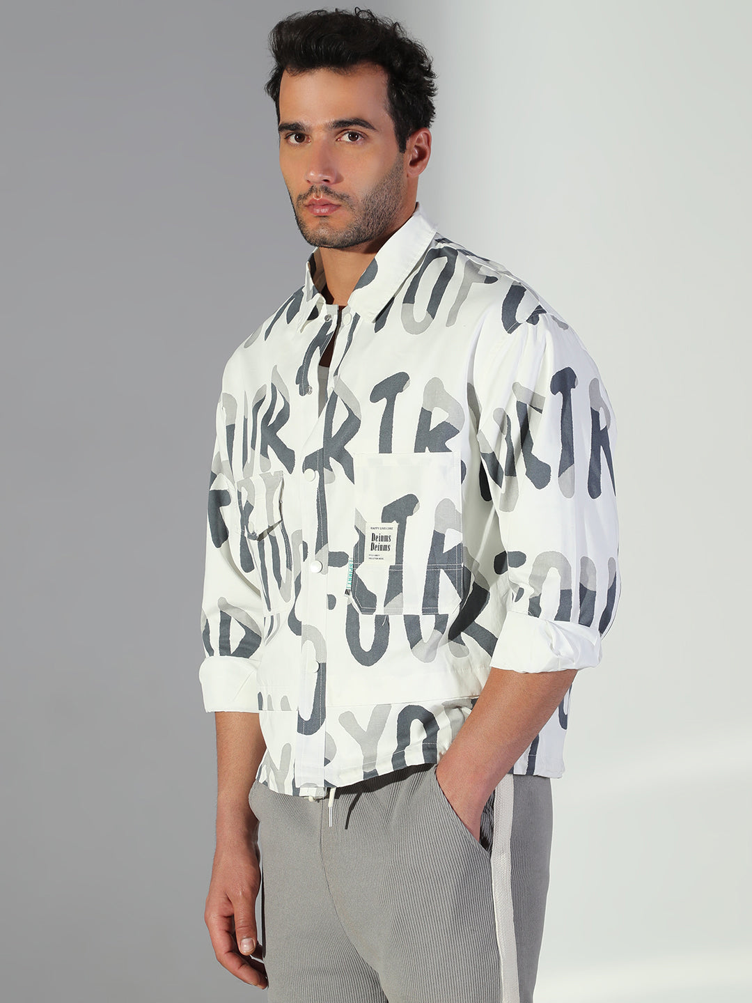 Men Typography White Oversized Shacket