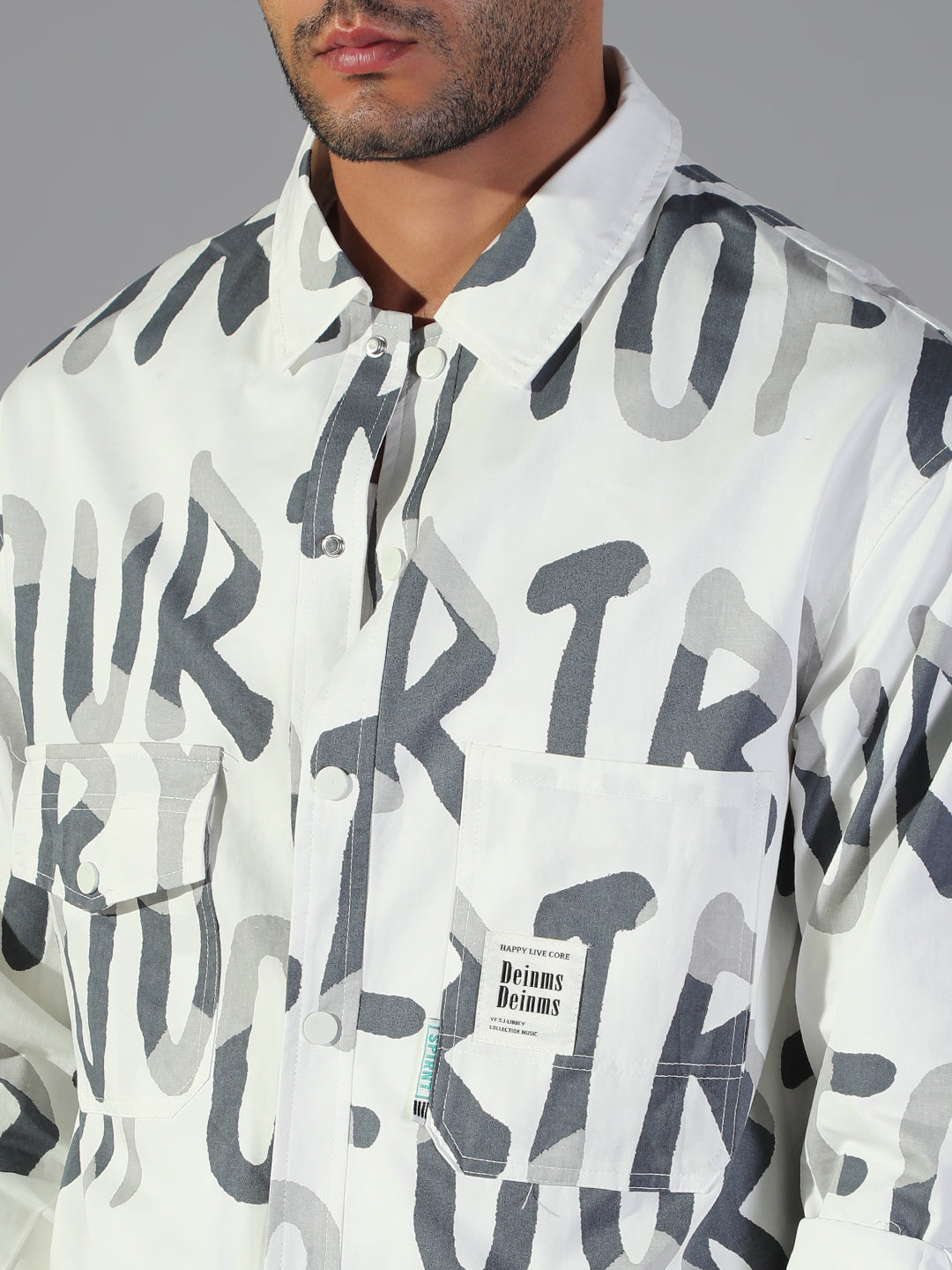 Men Typography White Oversized Shacket