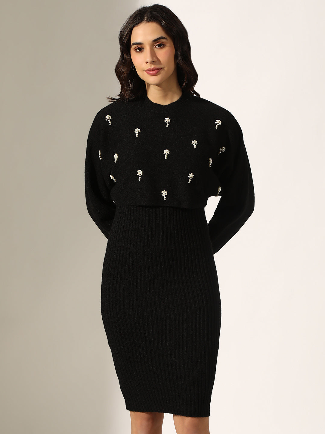 Women's Knitted Black Bodycon Midi Dress with Pearl Embellished Top