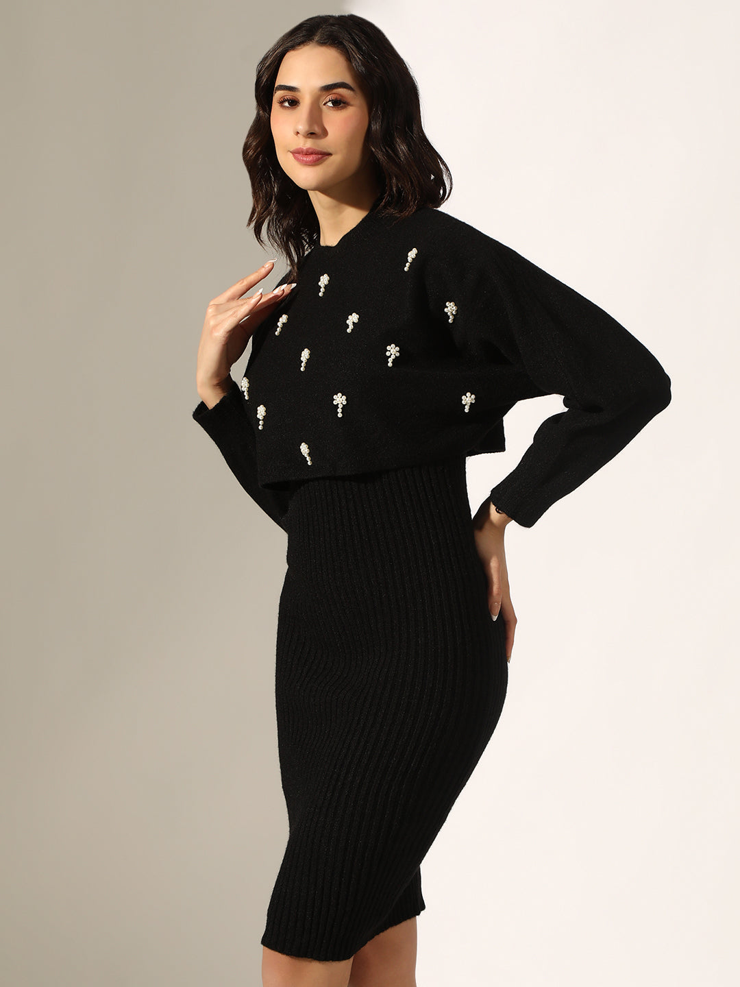 Women's Knitted Black Bodycon Midi Dress with Pearl Embellished Top