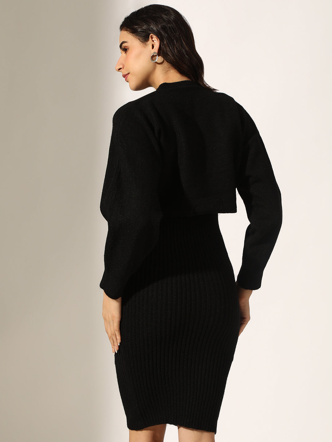 Women's Knitted Black Bodycon Midi Dress with Pearl Embellished Top