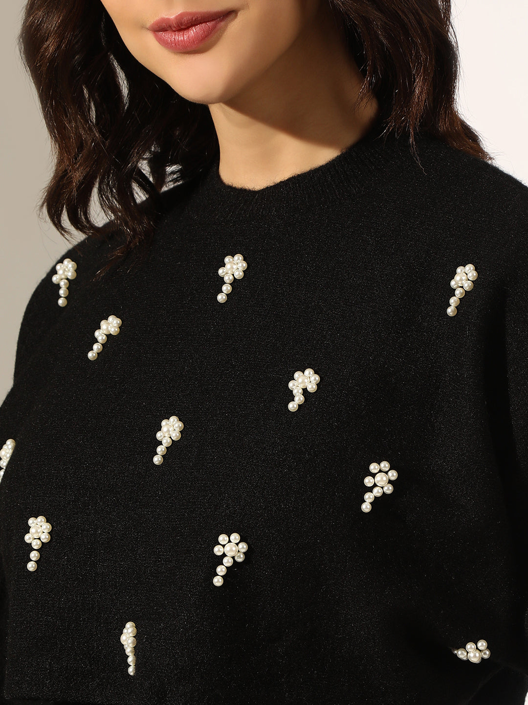 Women's Knitted Black Bodycon Midi Dress with Pearl Embellished Top