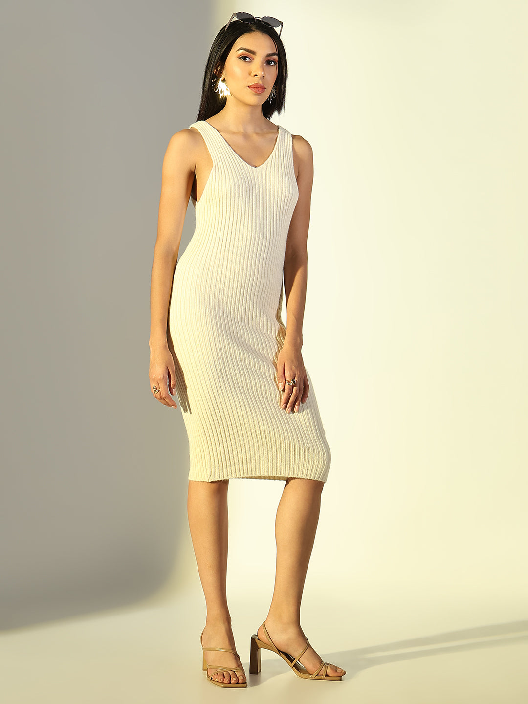 Women Cream Solid Bodycon Dress with Top