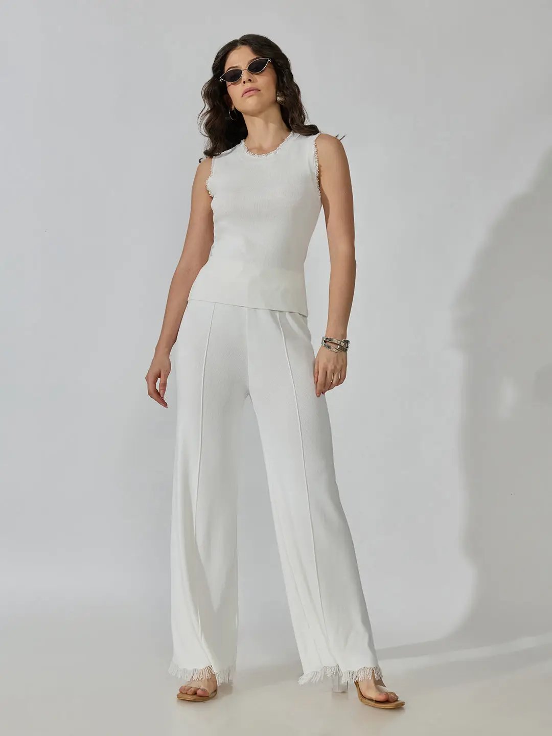 Women's White Frayed Top with Pants Co-Ords Set - from SHOWOFFFF