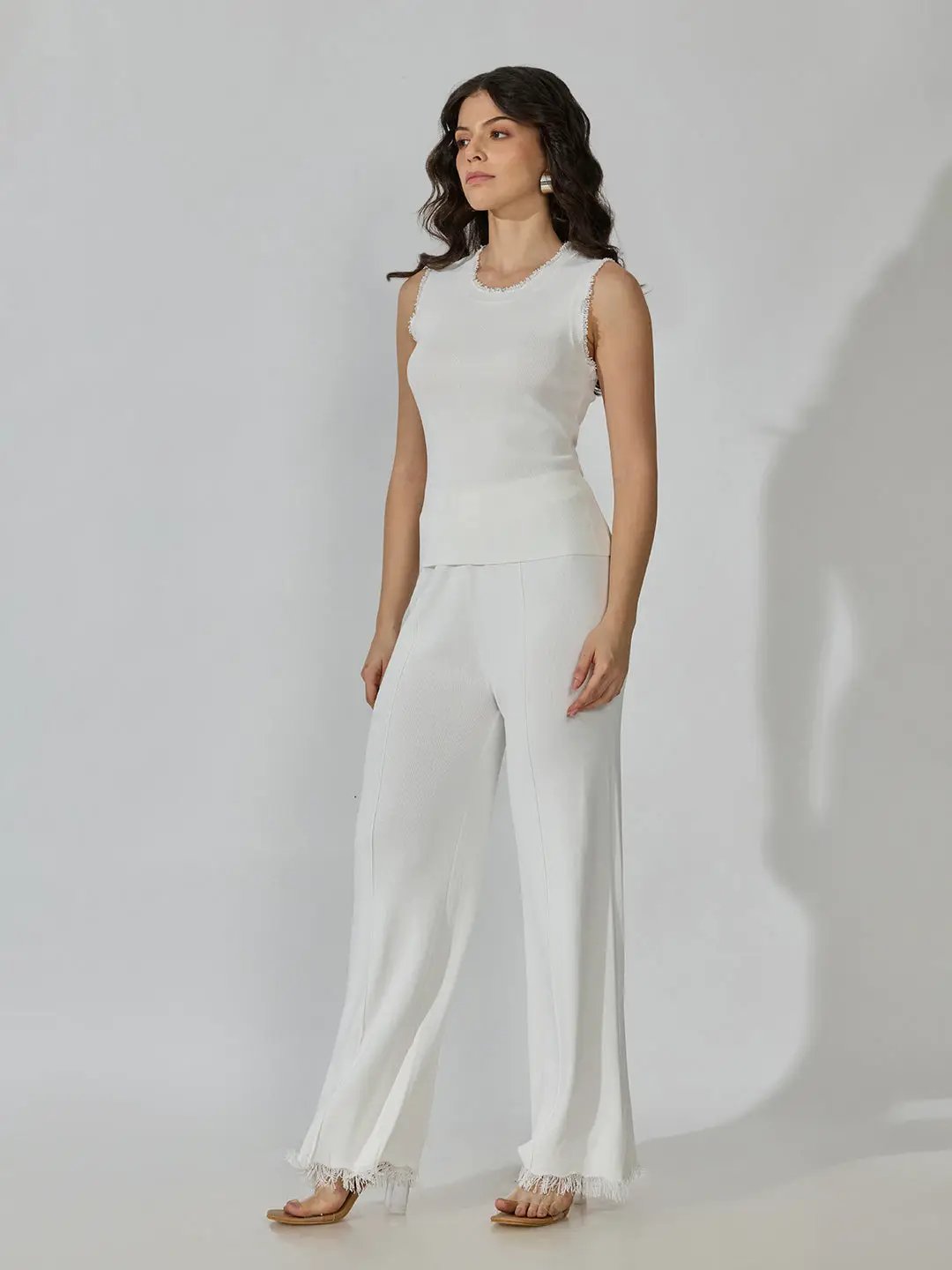 Women's White Frayed Top with Pants Co-Ords Set - from SHOWOFFFF