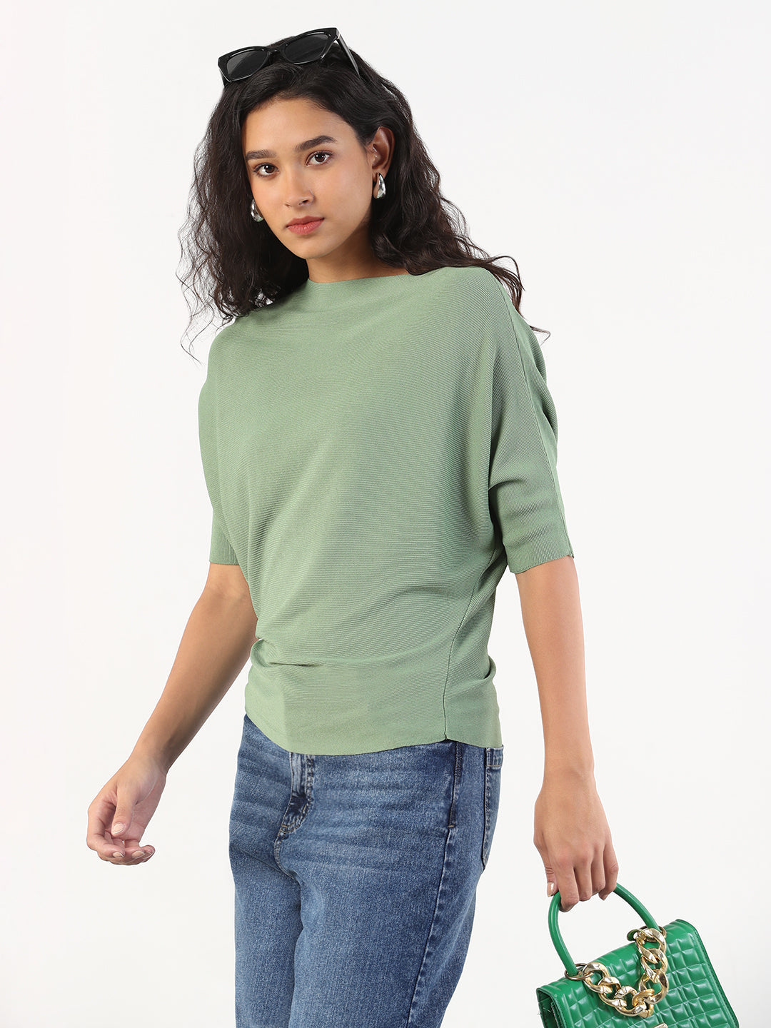 Women Casual Solid Boat Neck Green Top