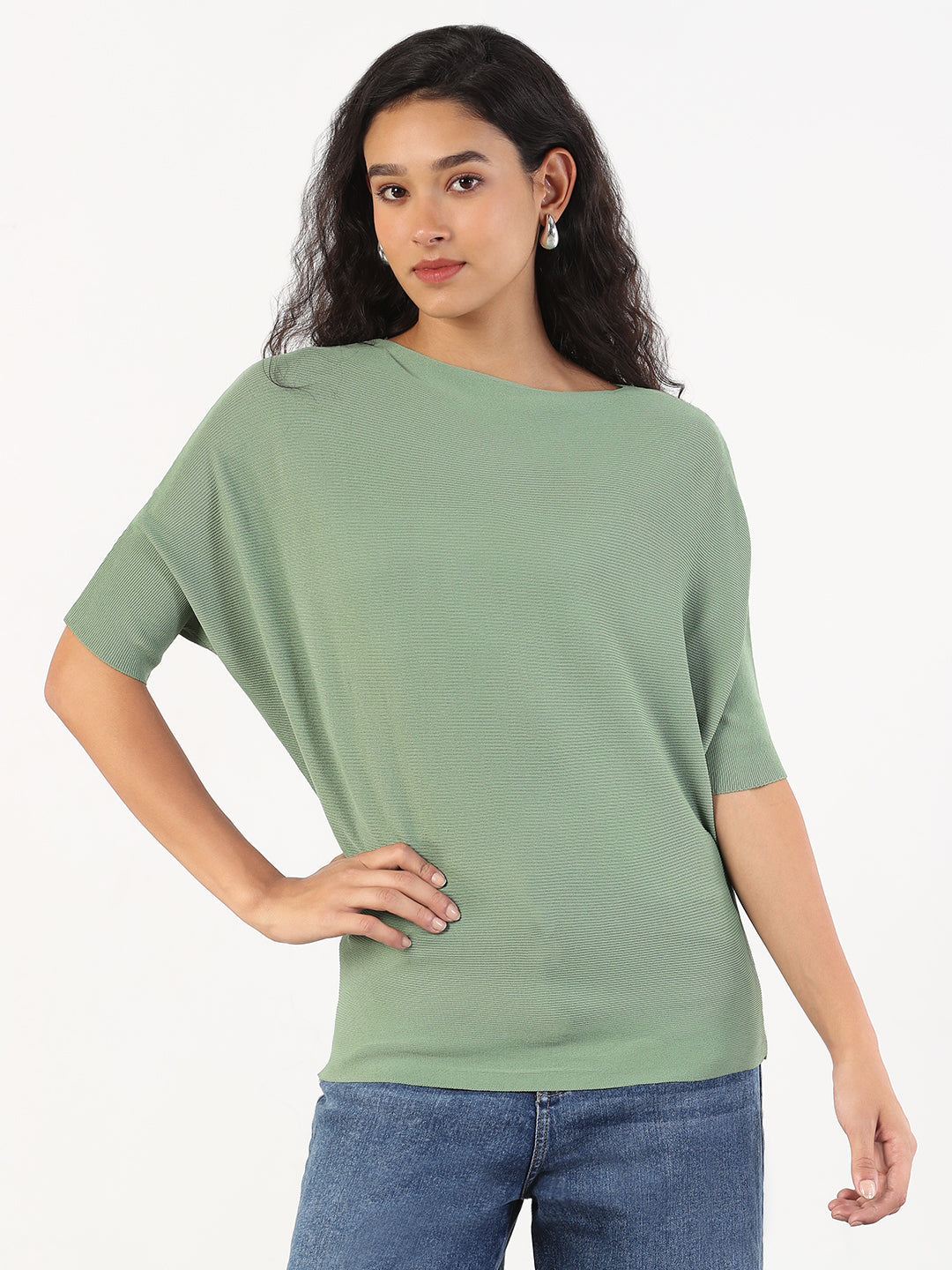 Women Casual Solid Boat Neck Green Top