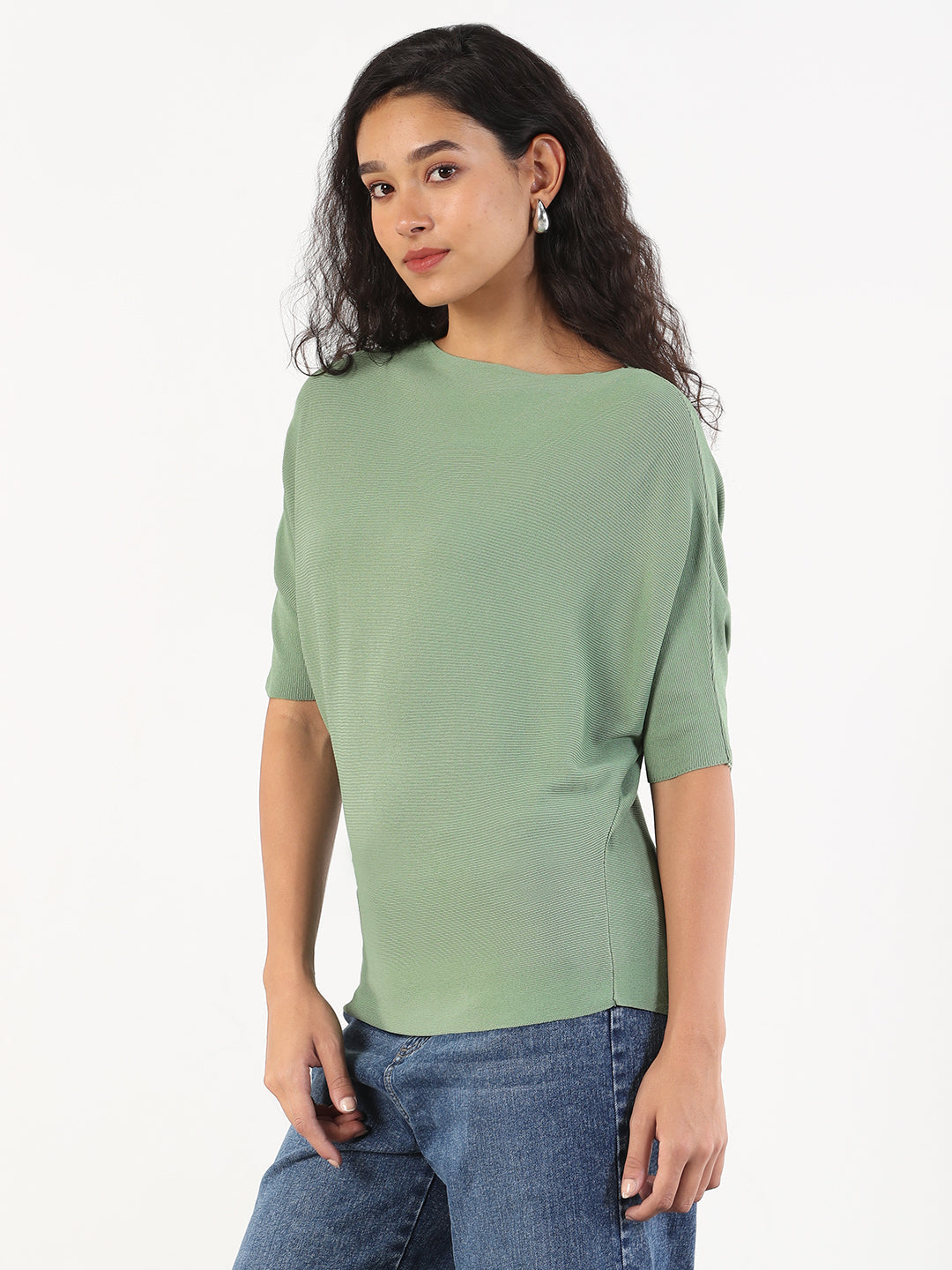 Women Casual Solid Boat Neck Green Top