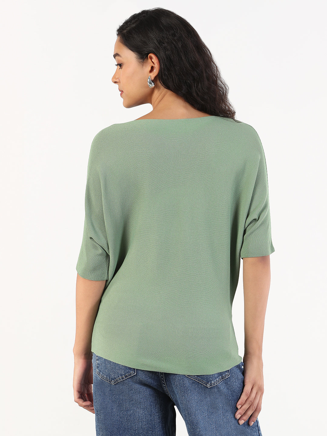 Women Casual Solid Boat Neck Green Top