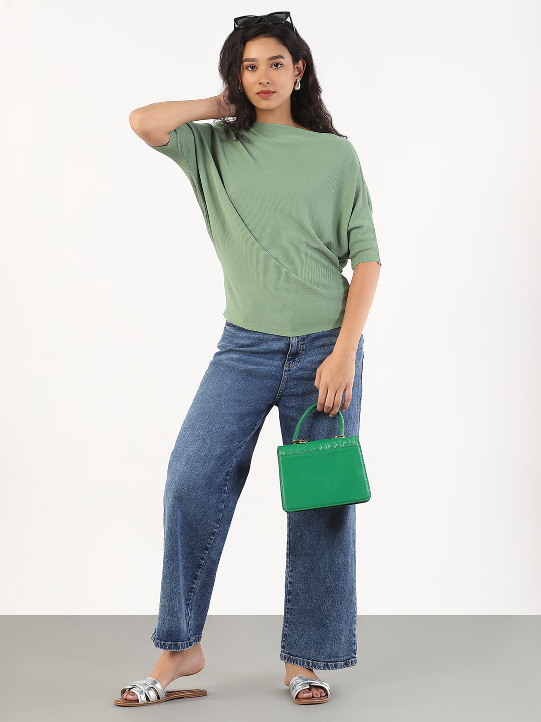 Women Casual Solid Boat Neck Green Top