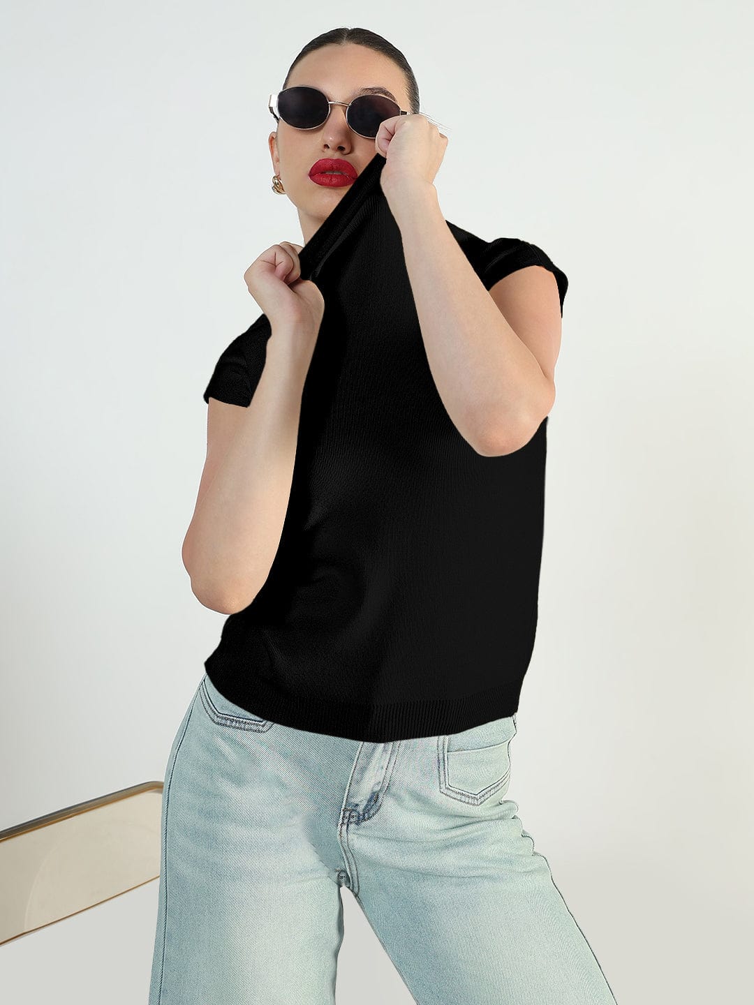 Women's Ribbed Black High Neck Fitted Top