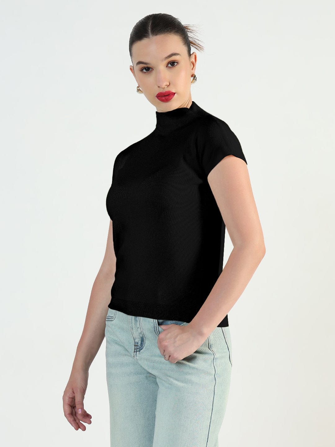 Women's Ribbed Black High Neck Fitted Top