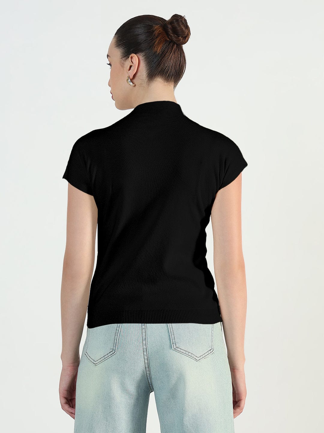 Women's Ribbed Black High Neck Fitted Top