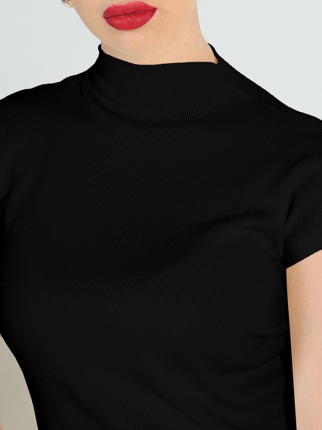 Women's Ribbed Black High Neck Fitted Top