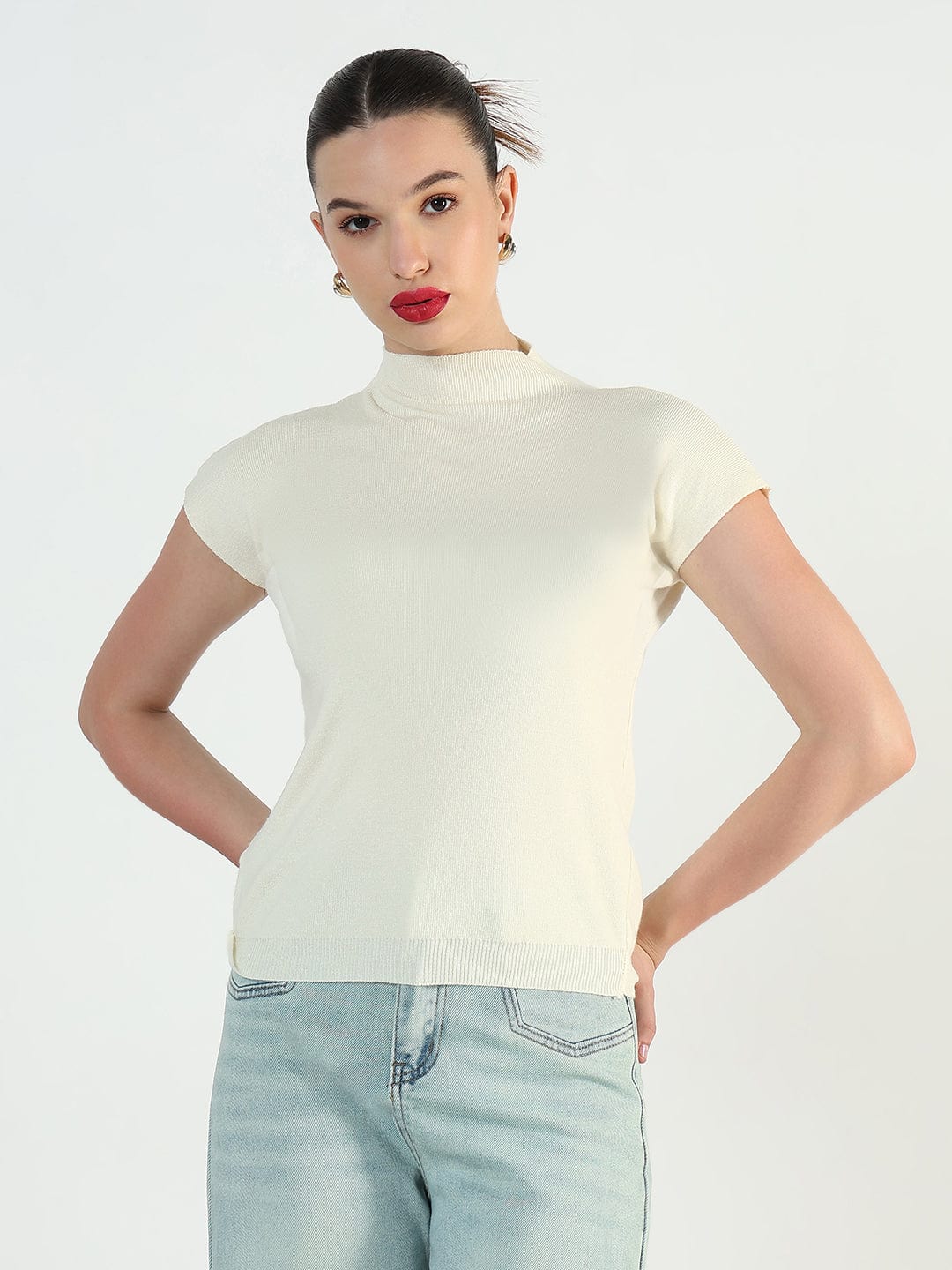 Women's Ribbed Cream High Neck Fitted Top