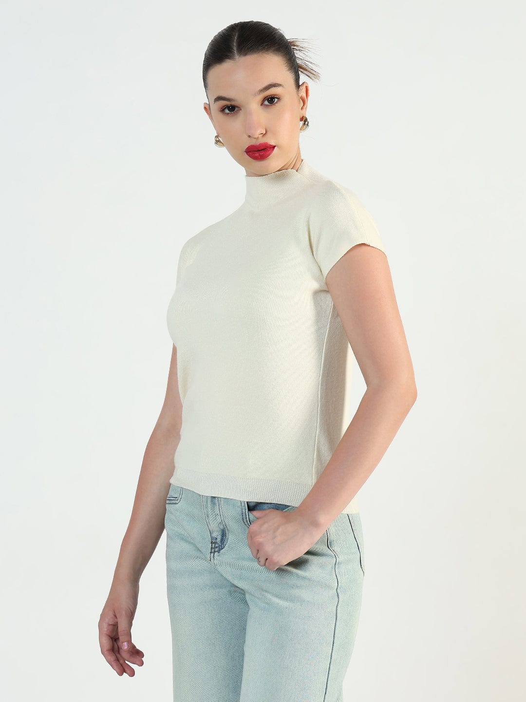 Women's Ribbed Cream High Neck Fitted Top