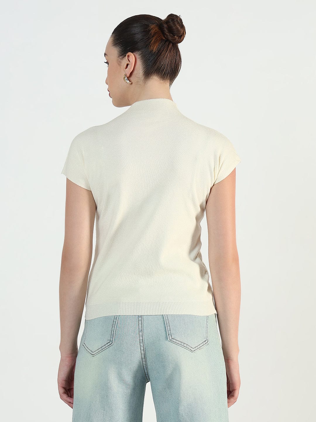 Women's Ribbed Cream High Neck Fitted Top