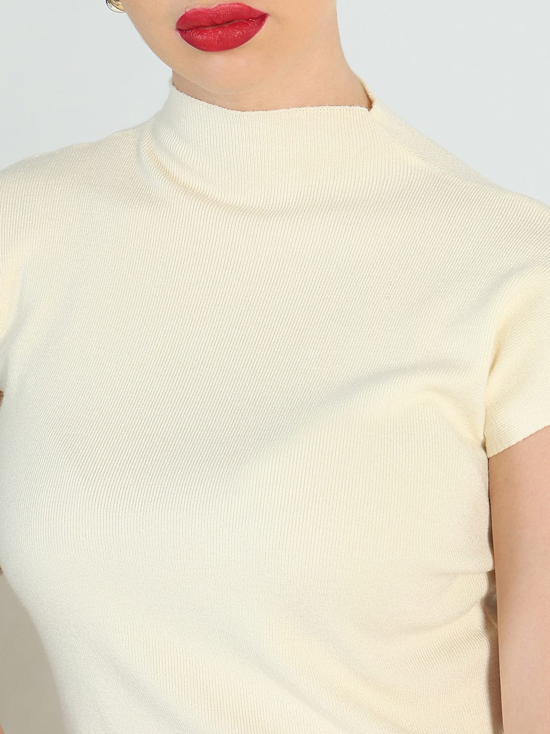 Women's Ribbed Cream High Neck Fitted Top