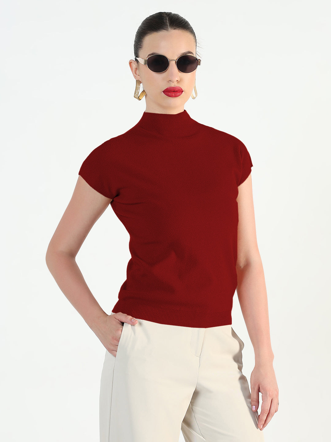 Women's Ribbed Maroon High Neck Fitted Top