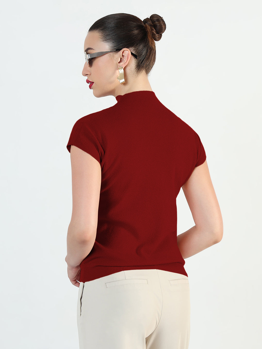 Women's Ribbed Maroon High Neck Fitted Top