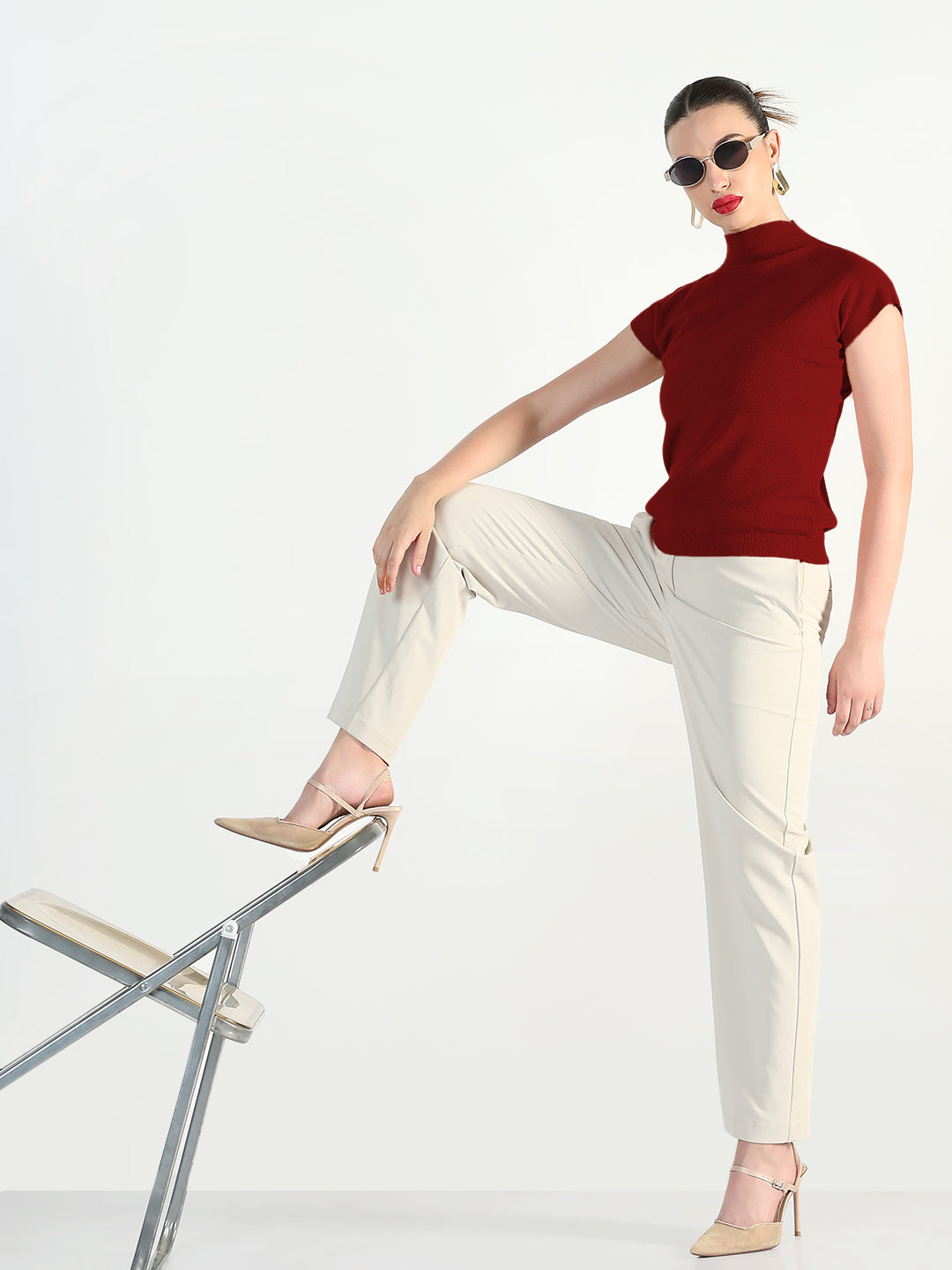 Women's Ribbed Maroon High Neck Fitted Top