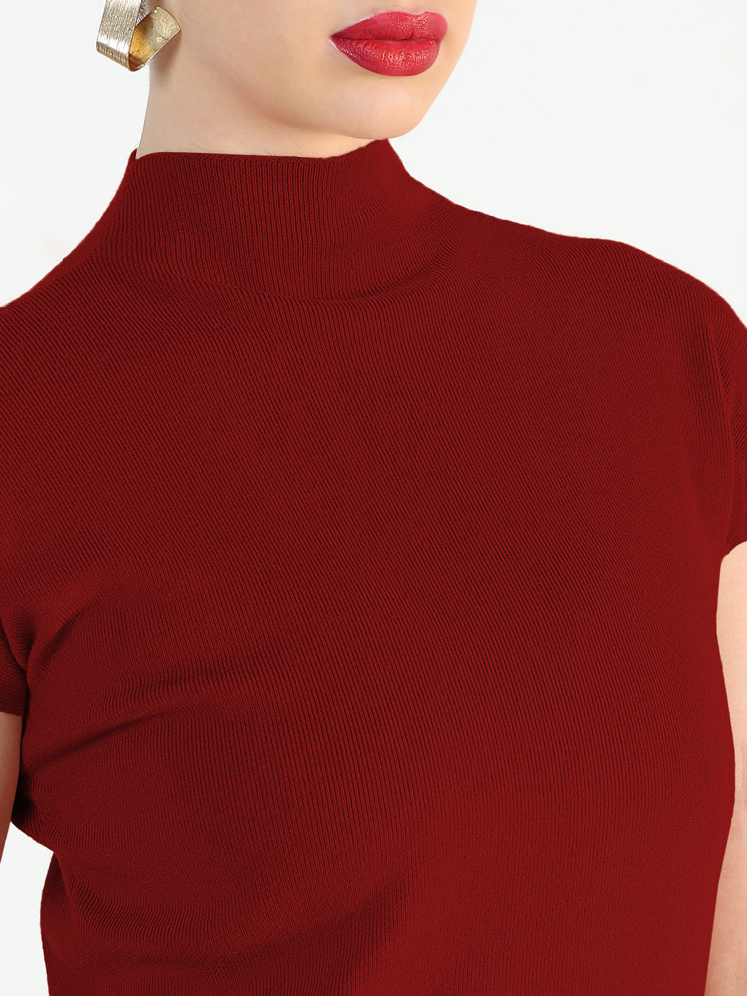 Women's Ribbed Maroon High Neck Fitted Top