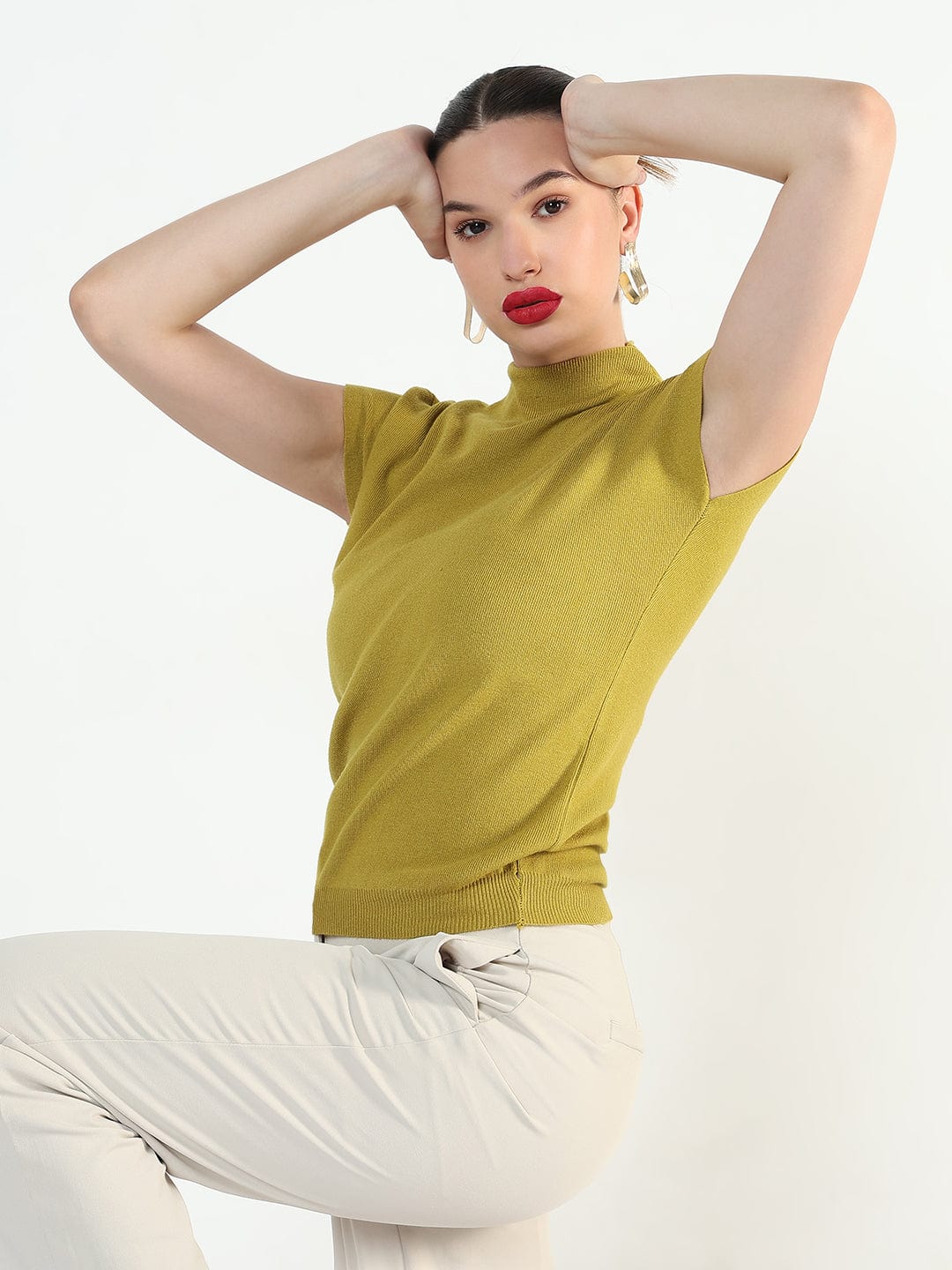 Women's Ribbed Mustard High Neck Fitted Top