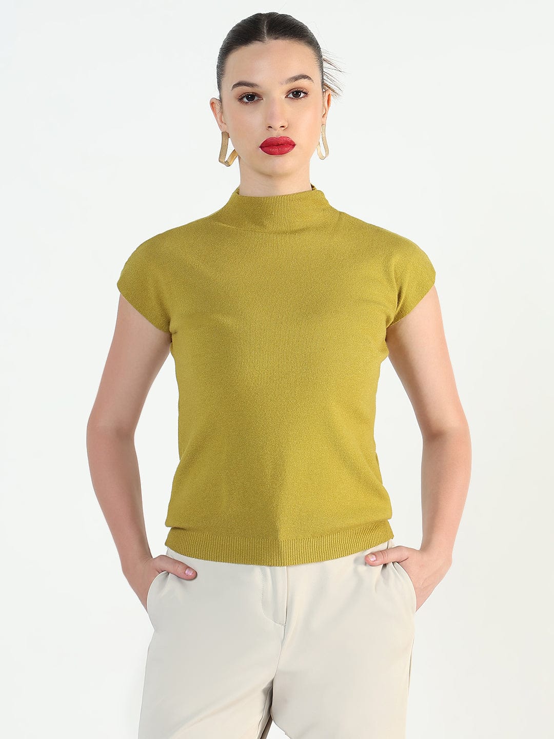 Women's Ribbed Mustard High Neck Fitted Top