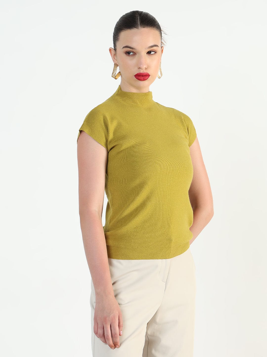 Women's Ribbed Mustard High Neck Fitted Top