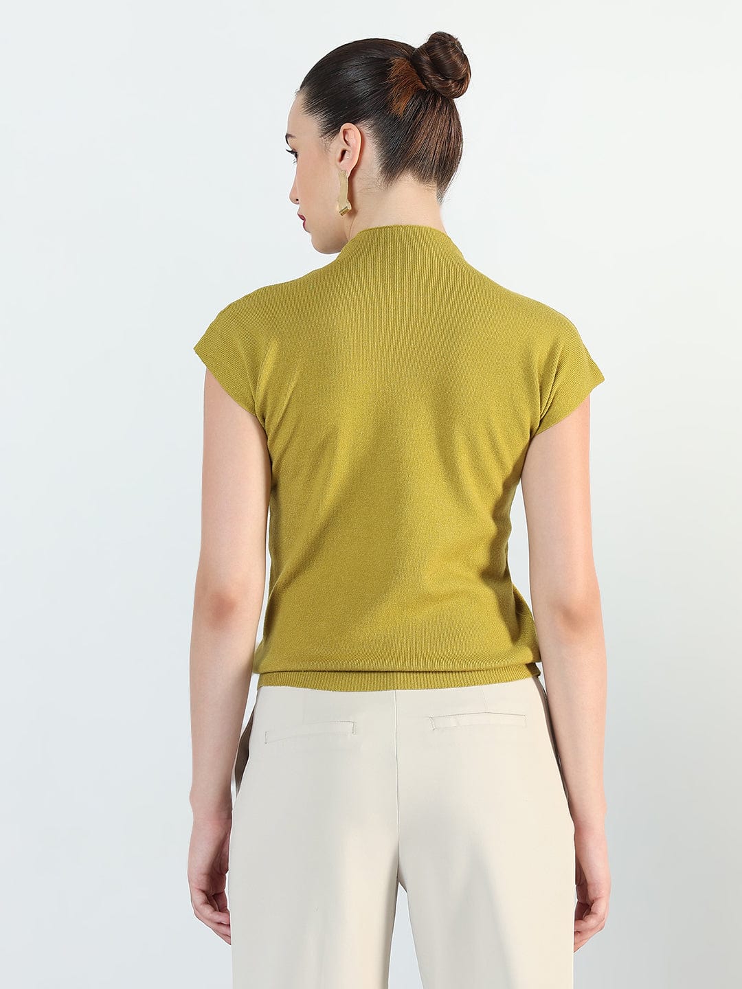 Women's Ribbed Mustard High Neck Fitted Top
