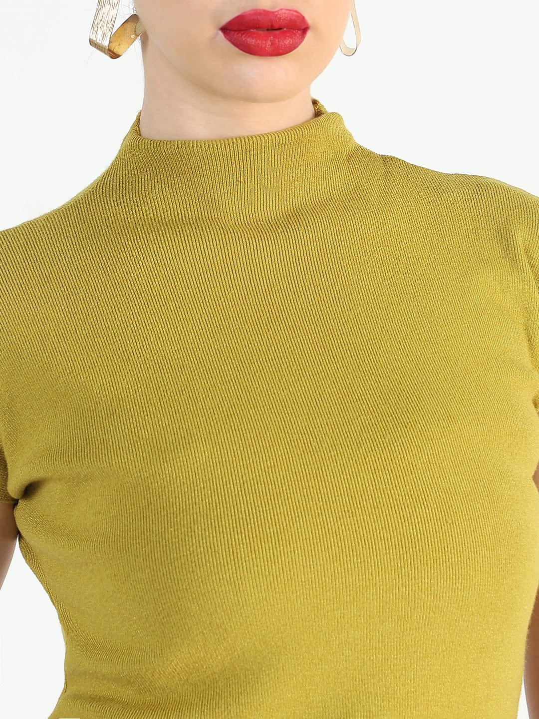 Women's Ribbed Mustard High Neck Fitted Top