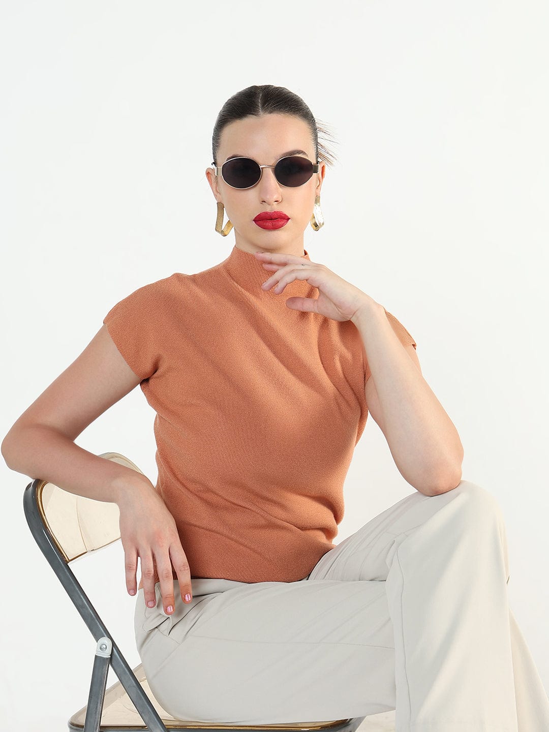 Women's Ribbed Peach High Neck Fitted Top