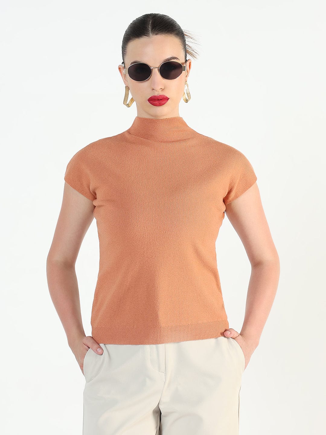 Women's Ribbed Peach High Neck Fitted Top