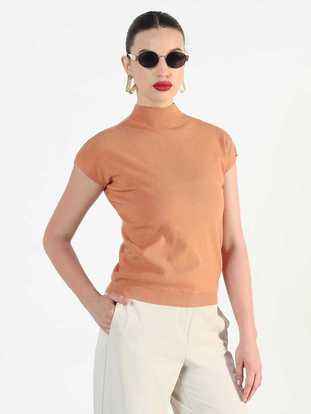 Women's Ribbed Peach High Neck Fitted Top