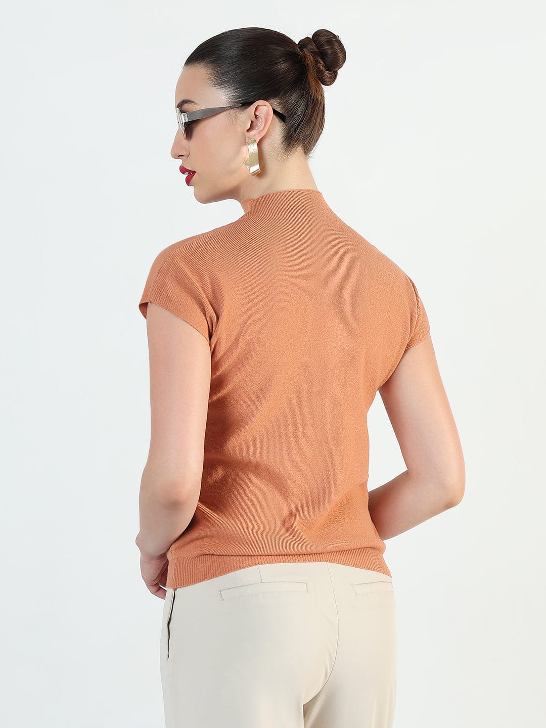 Women's Ribbed Peach High Neck Fitted Top