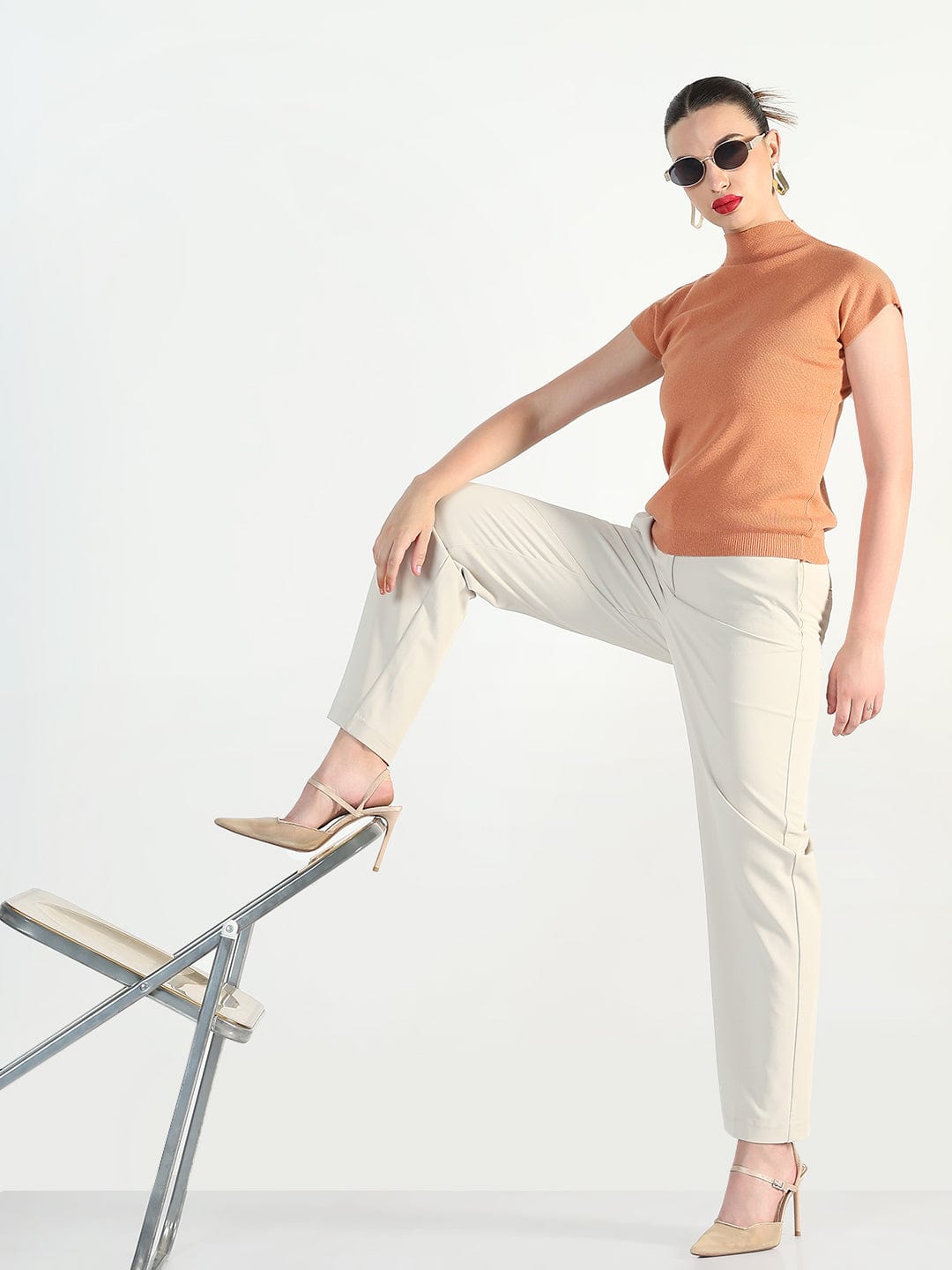 Women's Ribbed Peach High Neck Fitted Top