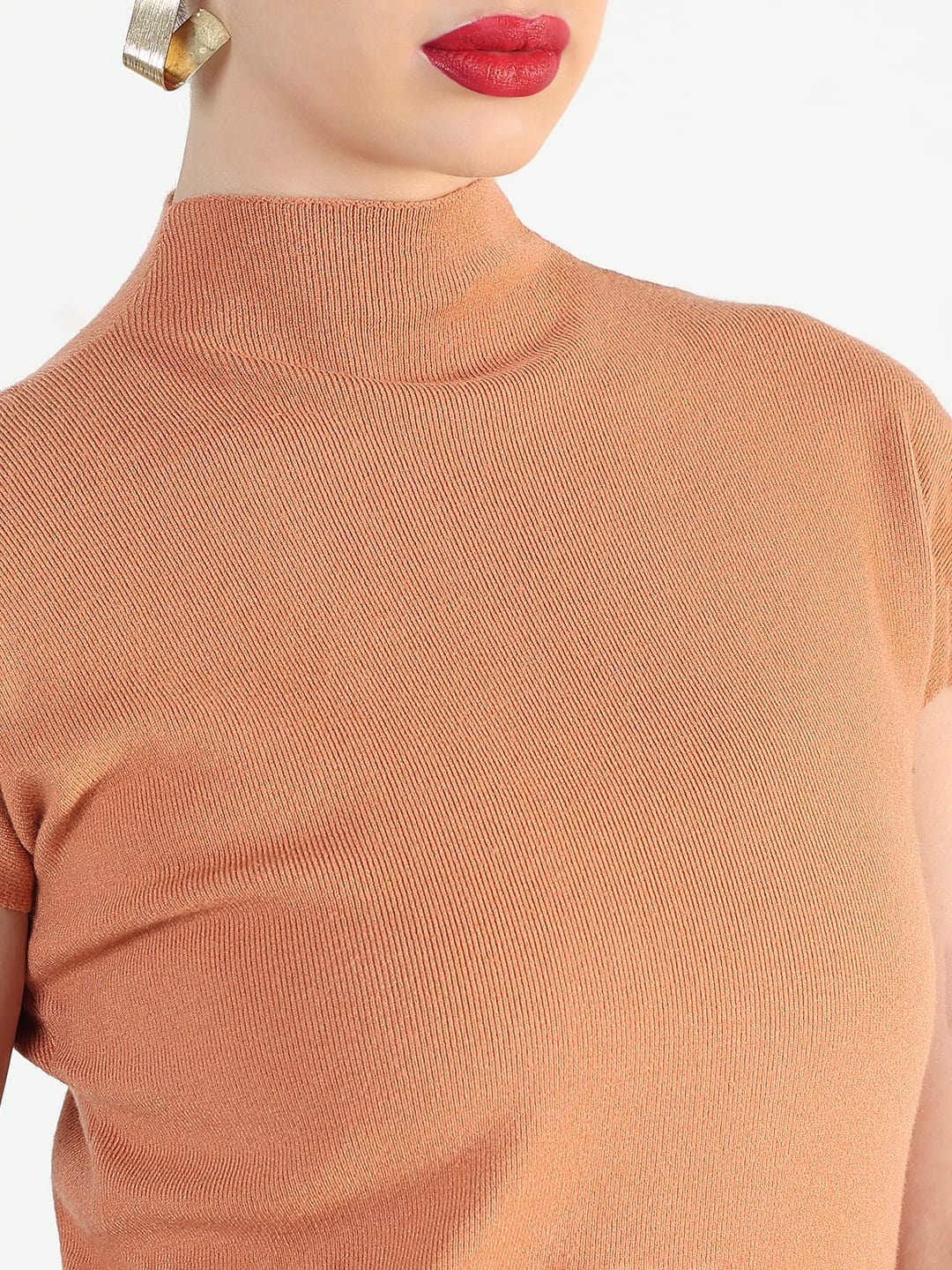 Women's Ribbed Peach High Neck Fitted Top