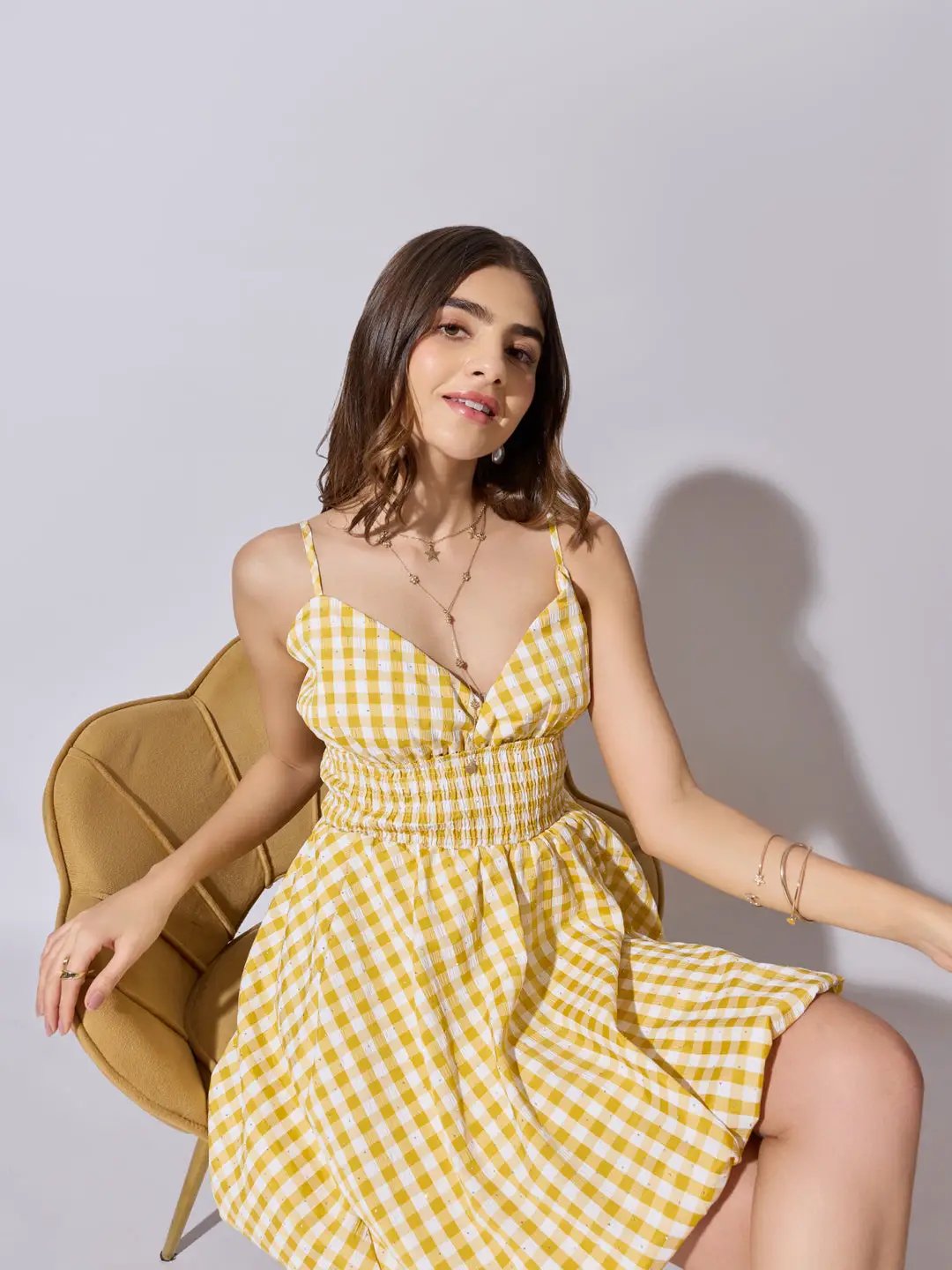 SHOWOFFFF Edition Women's Checked Yellow Fit & Flare Mini Dress SHOWOFFFF Edition Women's Checked Yellow Fit & Flare Mini Dress