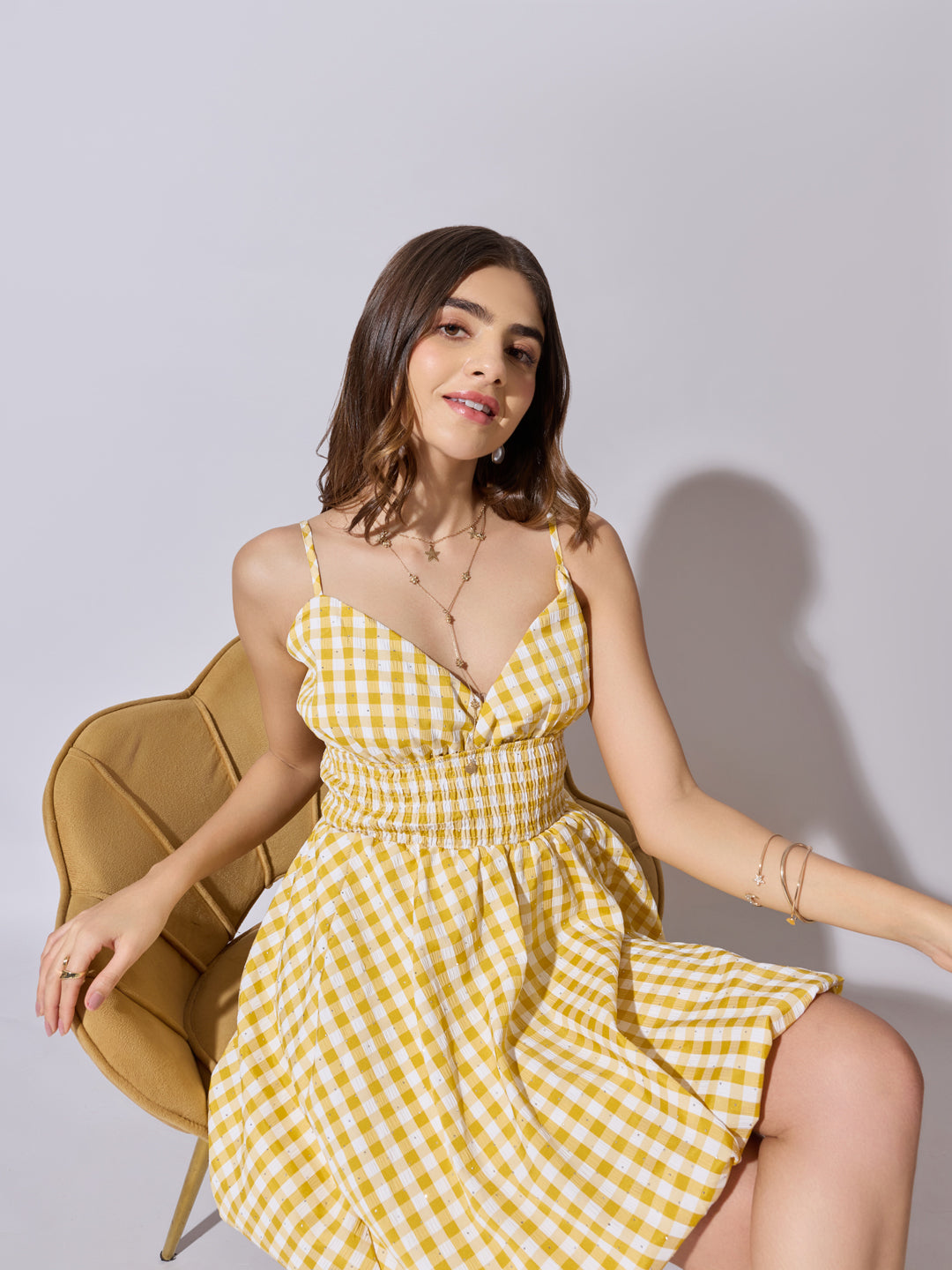 Women's Checked Yellow Fit & Flare Mini Dress