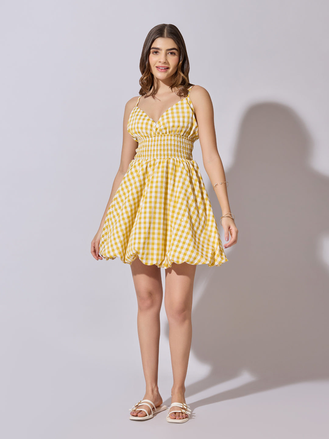 Women's Checked Yellow Fit & Flare Mini Dress