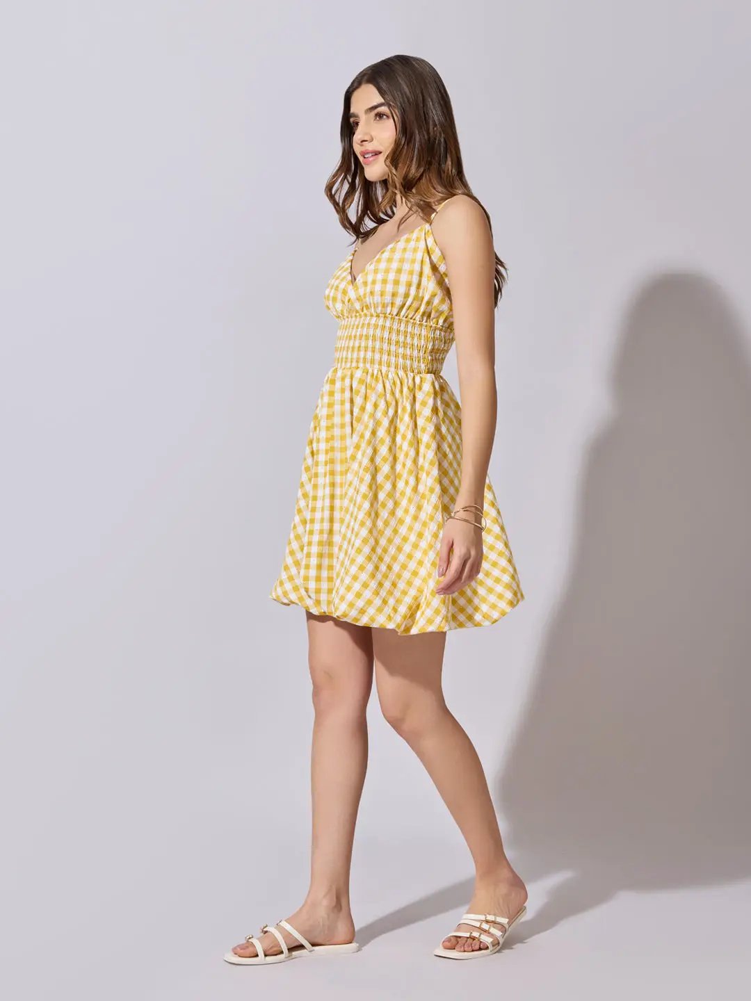 yellow fit and flare dress SHOWOFFFF Edition Women's Checked Yellow Fit & Flare Mini Dress